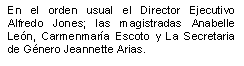 En el orden usual el Director Ejecutivo Alfredo Jones; las magistradas Anabelle Le�n, Carmenmar�a Escoto y La Secretaria de G�nero Jeannette Arias. 